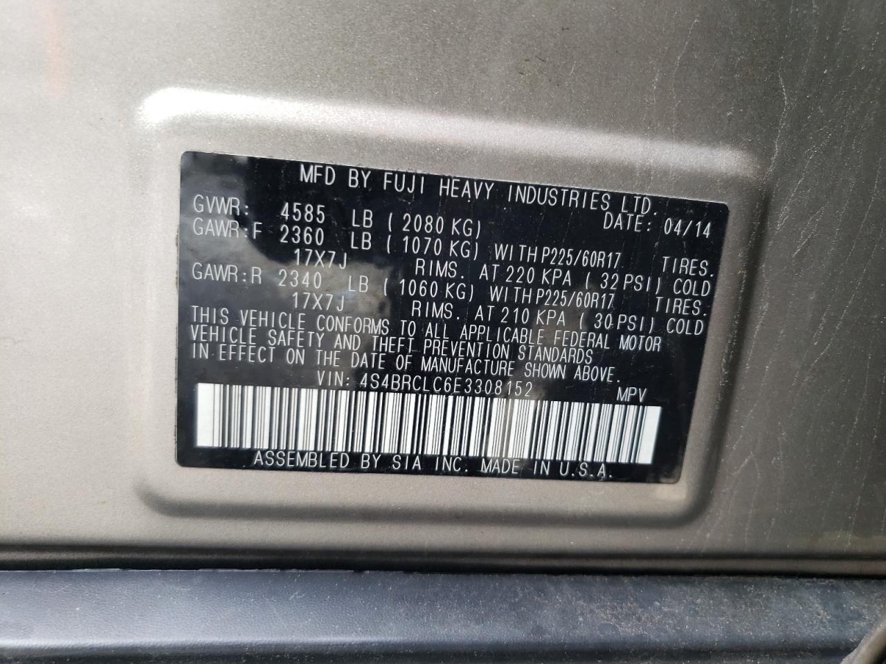 2014 Subaru Outback 2.5I Limited VIN: 4S4BRCLC6E3308152 Lot: 56775585
