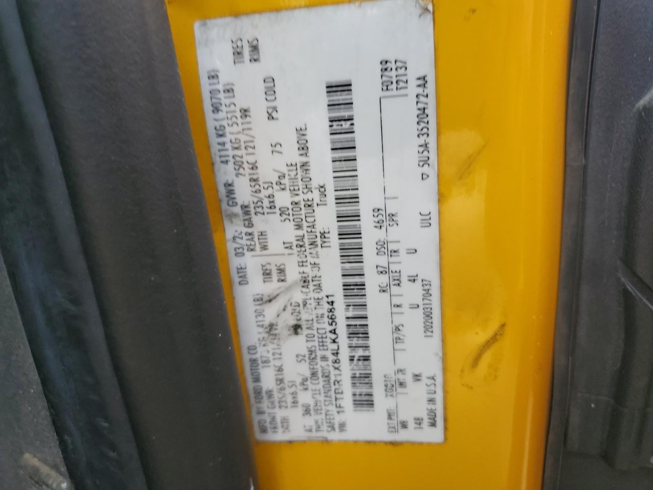 2020 Ford Transit T-250 VIN: 1FTBR1X84LKA56841 Lot: 56487095