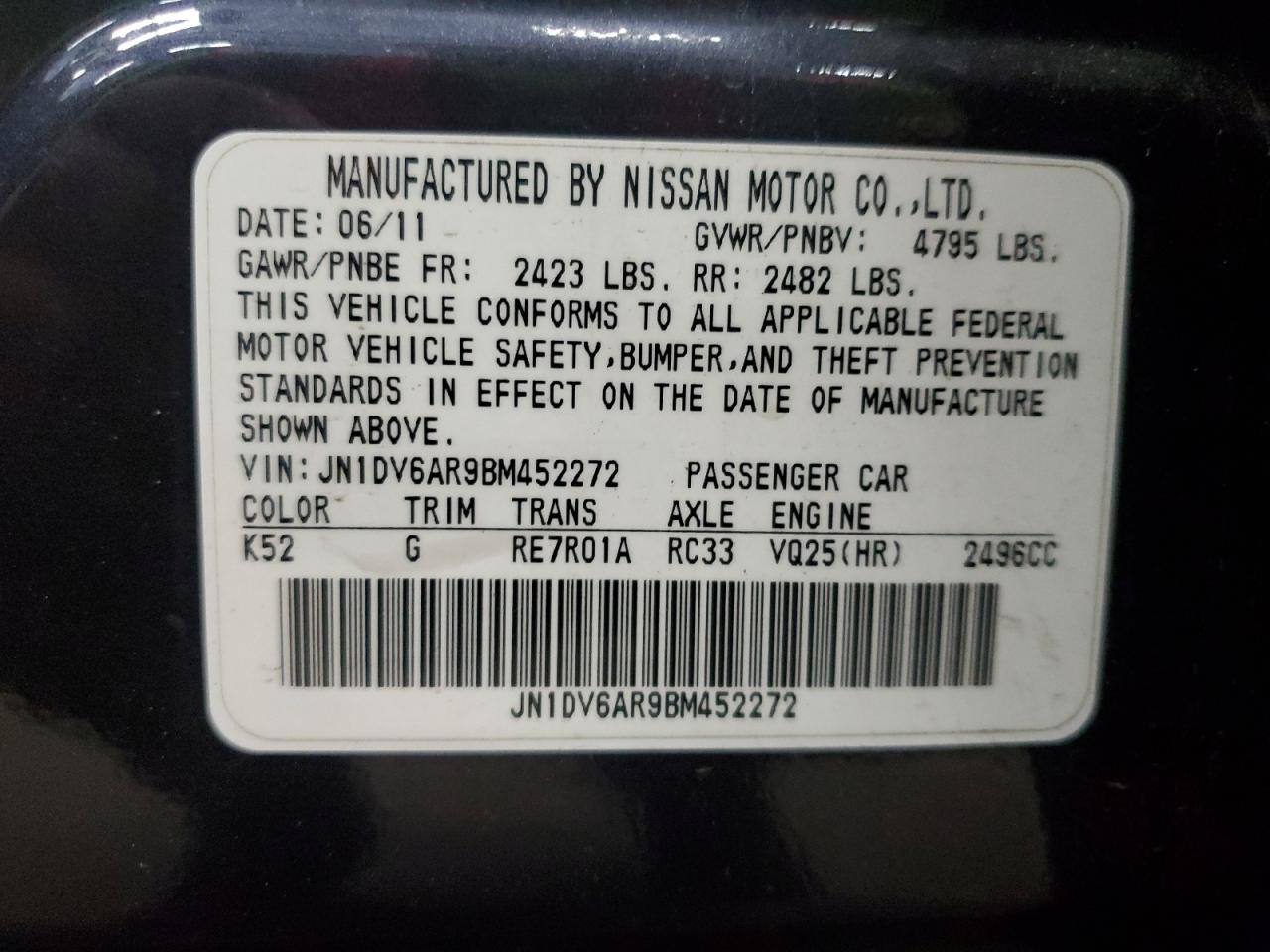 2011 Infiniti G25 VIN: JN1DV6AR9BM452272 Lot: 56738105