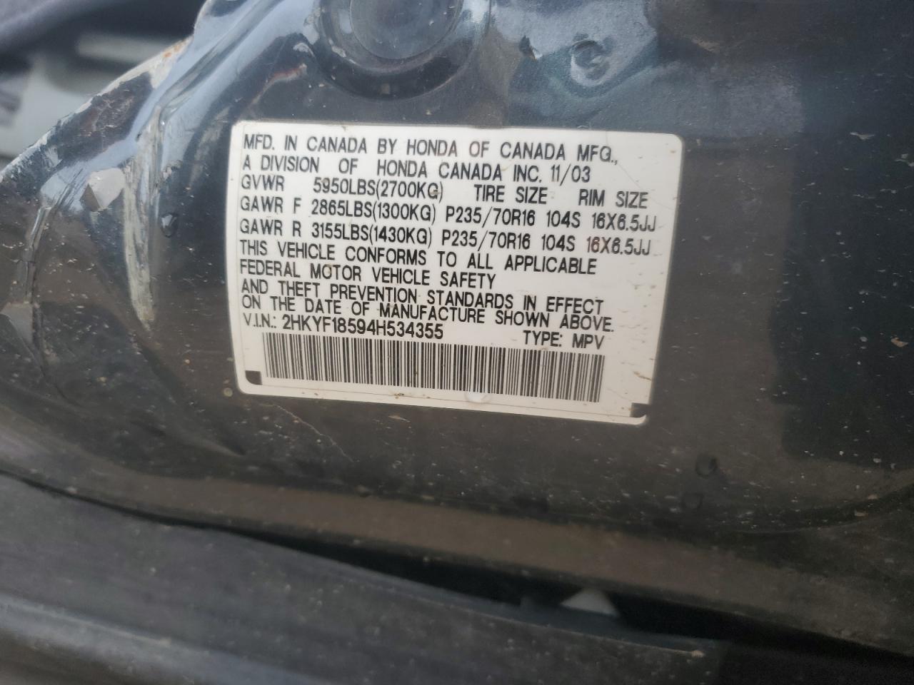 2004 Honda Pilot Exl VIN: 2HKYF18594H534355 Lot: 55419085