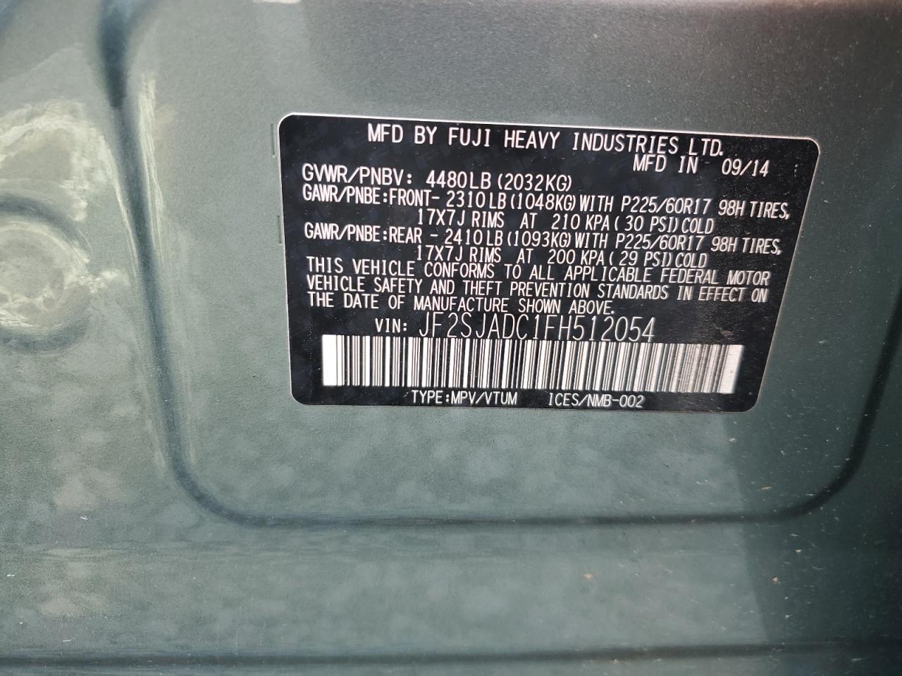 2015 Subaru Forester 2.5I Premium VIN: JF2SJADC1FH512054 Lot: 57128365