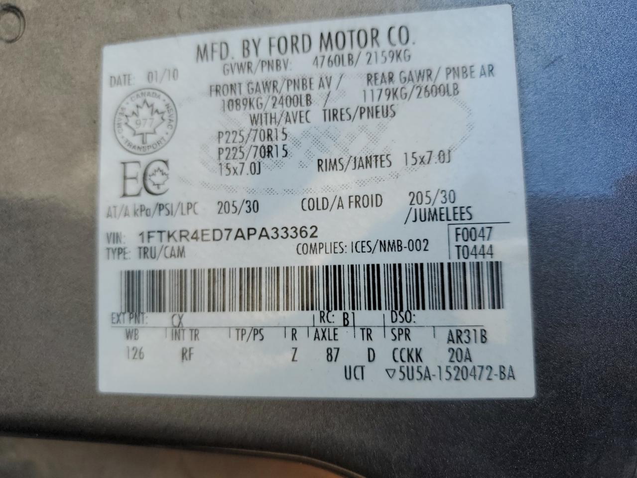 2010 Ford Ranger Super Cab VIN: 1FTKR4ED7APA33362 Lot: 55985215