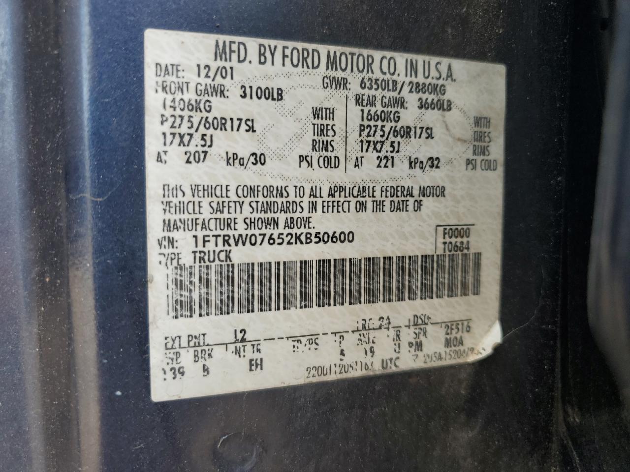 2002 Ford F150 Supercrew VIN: 1FTRW07652KB50600 Lot: 56462905