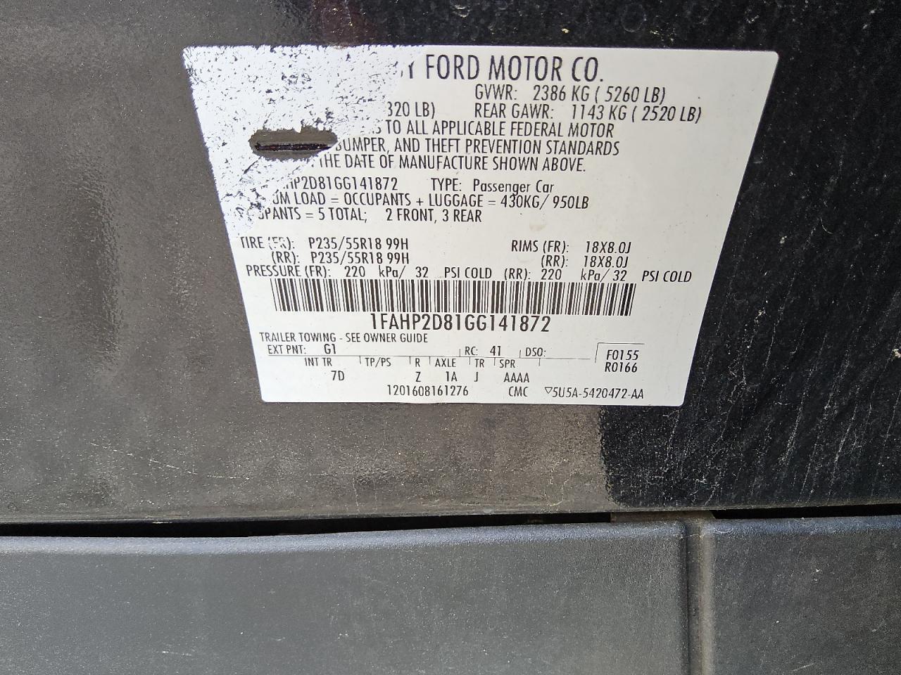 2016 Ford Taurus Se VIN: 1FAHP2D81GG141872 Lot: 56168635