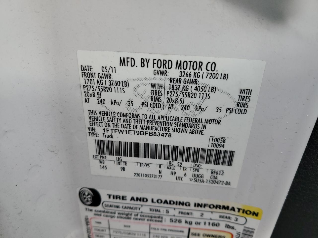 2011 Ford F150 Supercrew VIN: 1FTFW1ET9BFB83478 Lot: 56845065