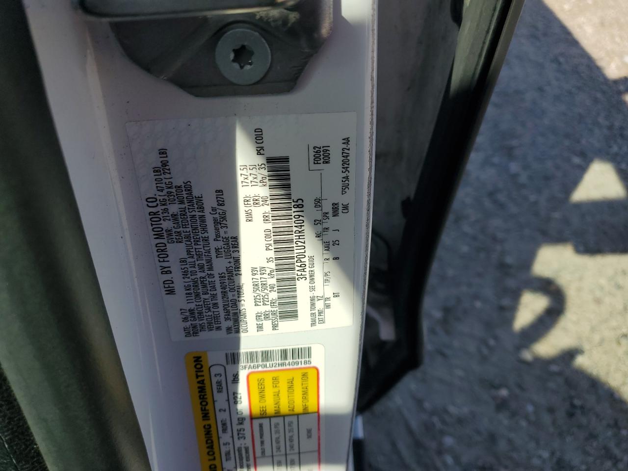 2017 Ford Fusion Se Hybrid VIN: 3FA6P0LU2HR409185 Lot: 56830585