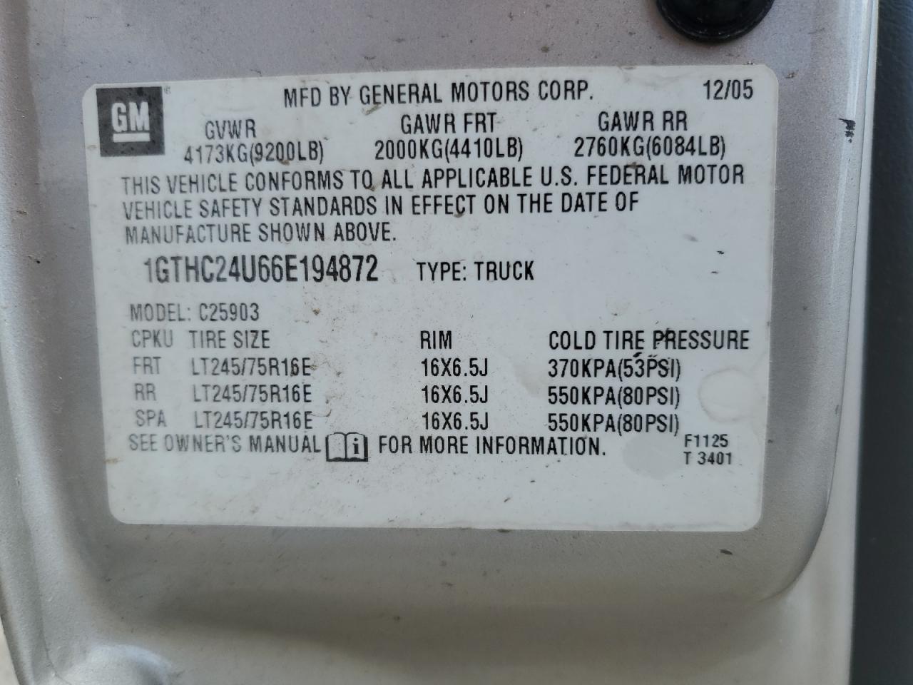 2006 GMC Sierra C2500 Heavy Duty VIN: 1GTHC24U66E194872 Lot: 56763275