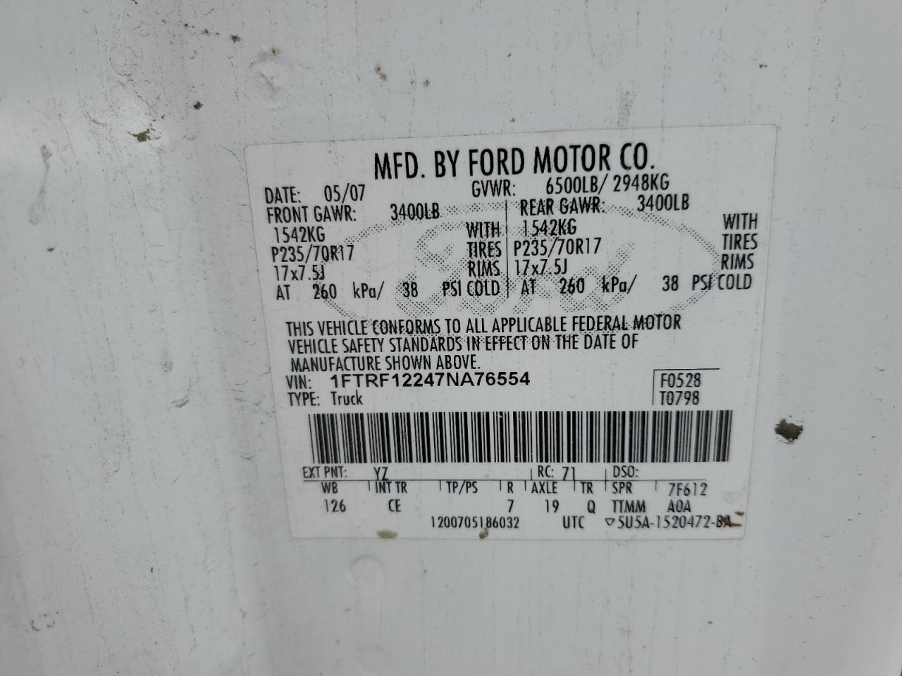 2007 Ford F150 VIN: 1FTRF12247NA76554 Lot: 55459985