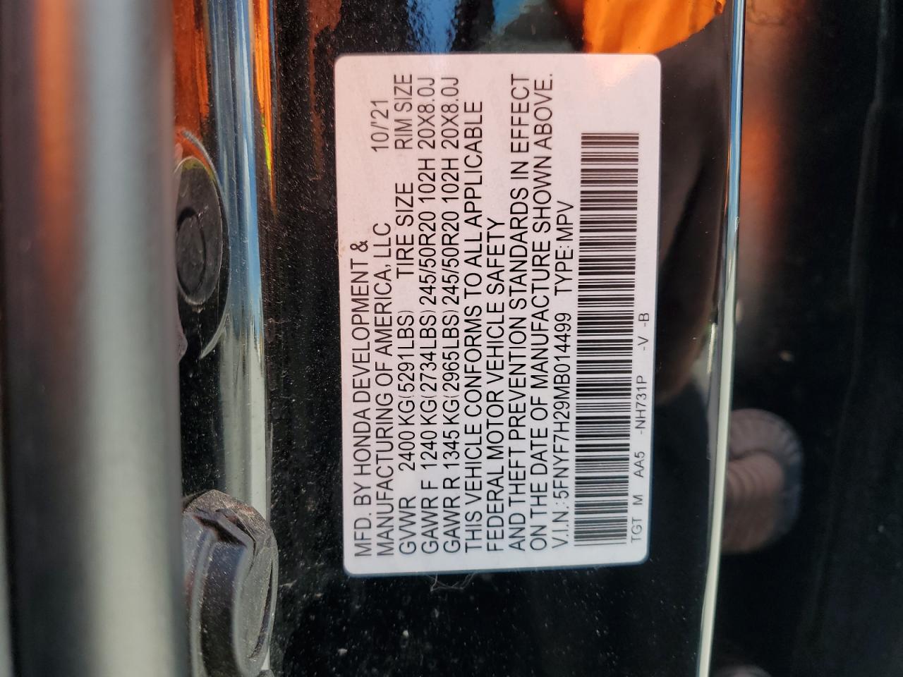 2021 Honda Passport Sport VIN: 5FNYF7H29MB014499 Lot: 55874775