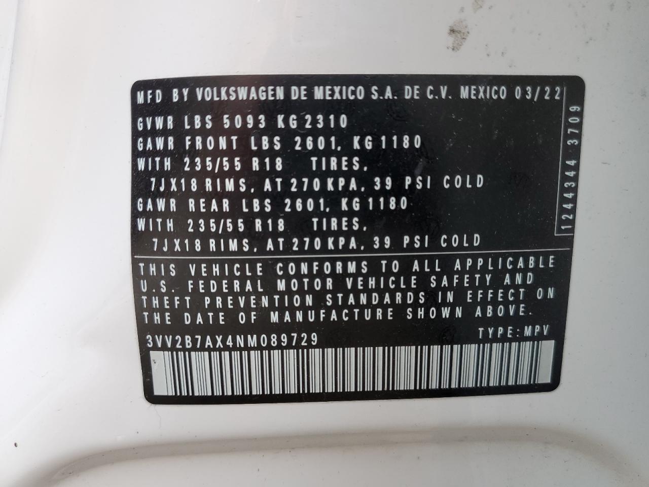 2022 Volkswagen Tiguan Se VIN: 3VV2B7AX4NM089729 Lot: 55152505