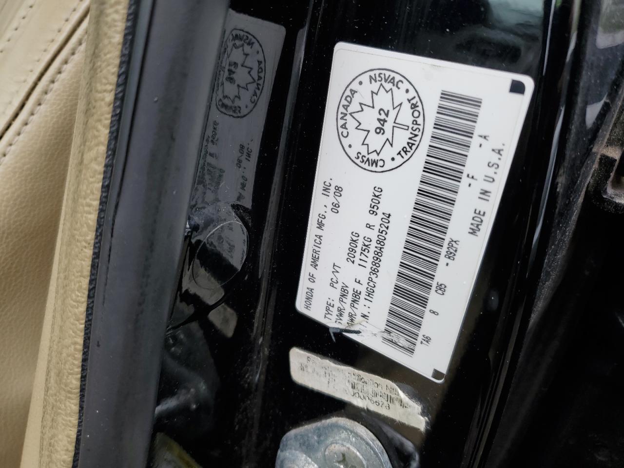 2008 Honda Accord Exl VIN: 1HGCP36898A805204 Lot: 55973635