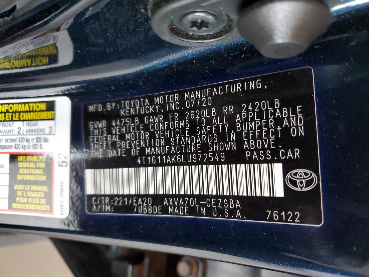 2020 Toyota Camry Se VIN: 4T1G11AK6LU972549 Lot: 56551315