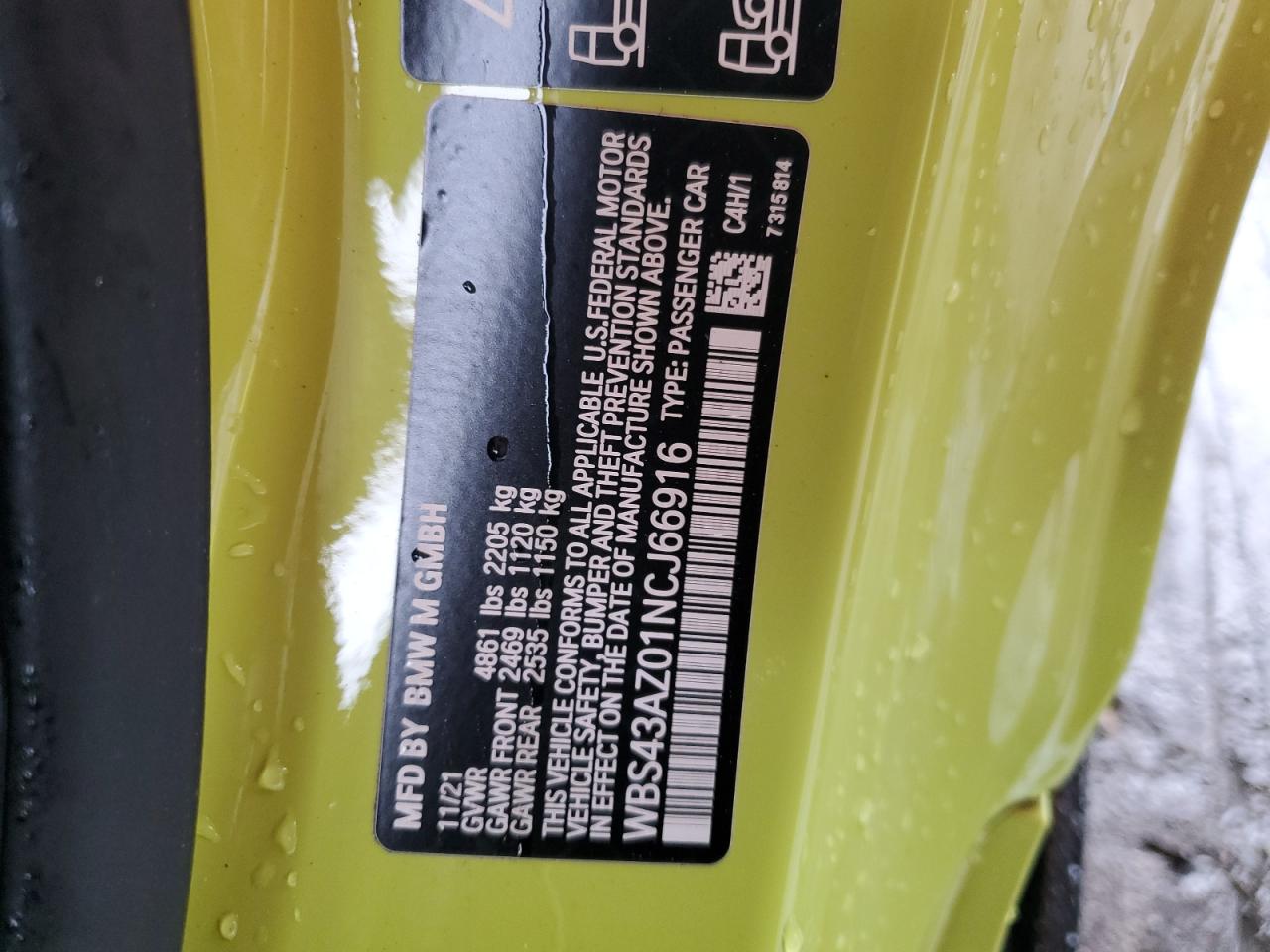 2022 BMW M4 Competition VIN: WBS43AZ01NCJ66916 Lot: 56673785