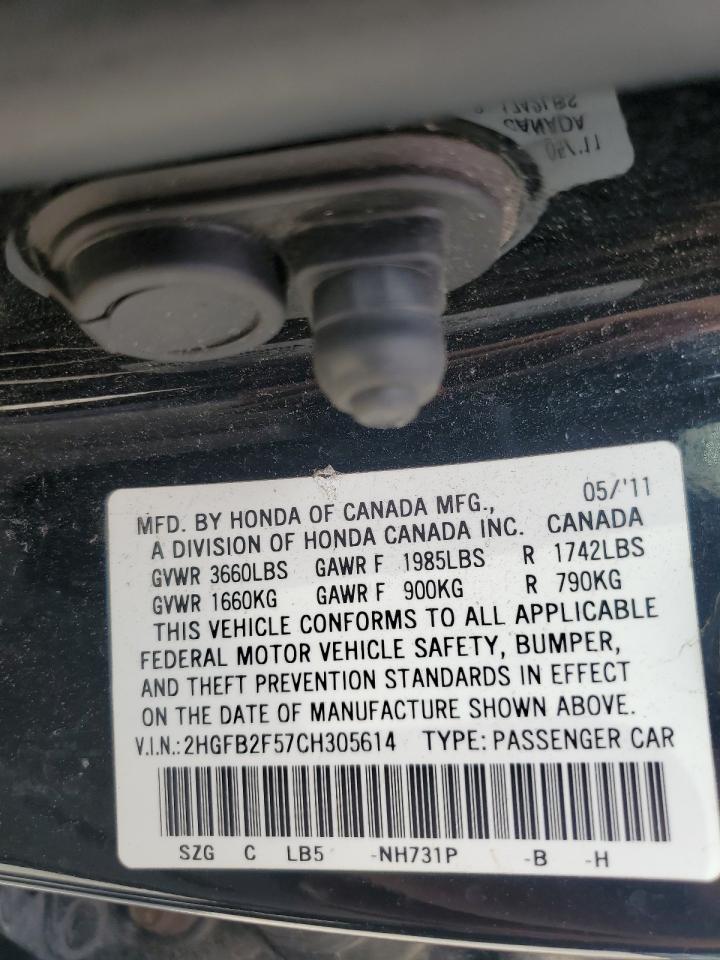 2012 Honda Civic Lx VIN: 2HGFB2F57CH305614 Lot: 56675075