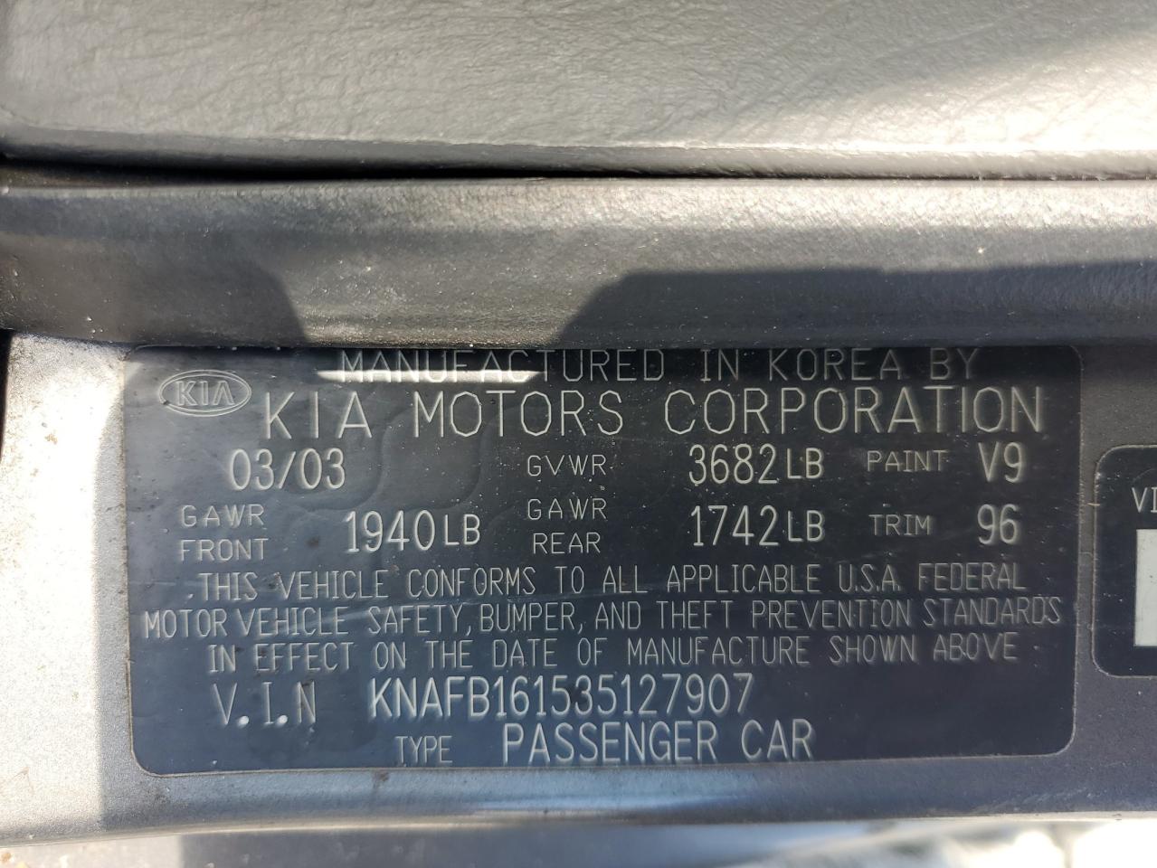 2003 Kia Spectra Gs VIN: KNAFB161535127907 Lot: 56594555
