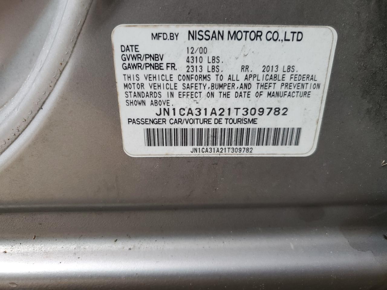 2001 Nissan Maxima Gxe VIN: JN1CA31A21T309782 Lot: 56696605
