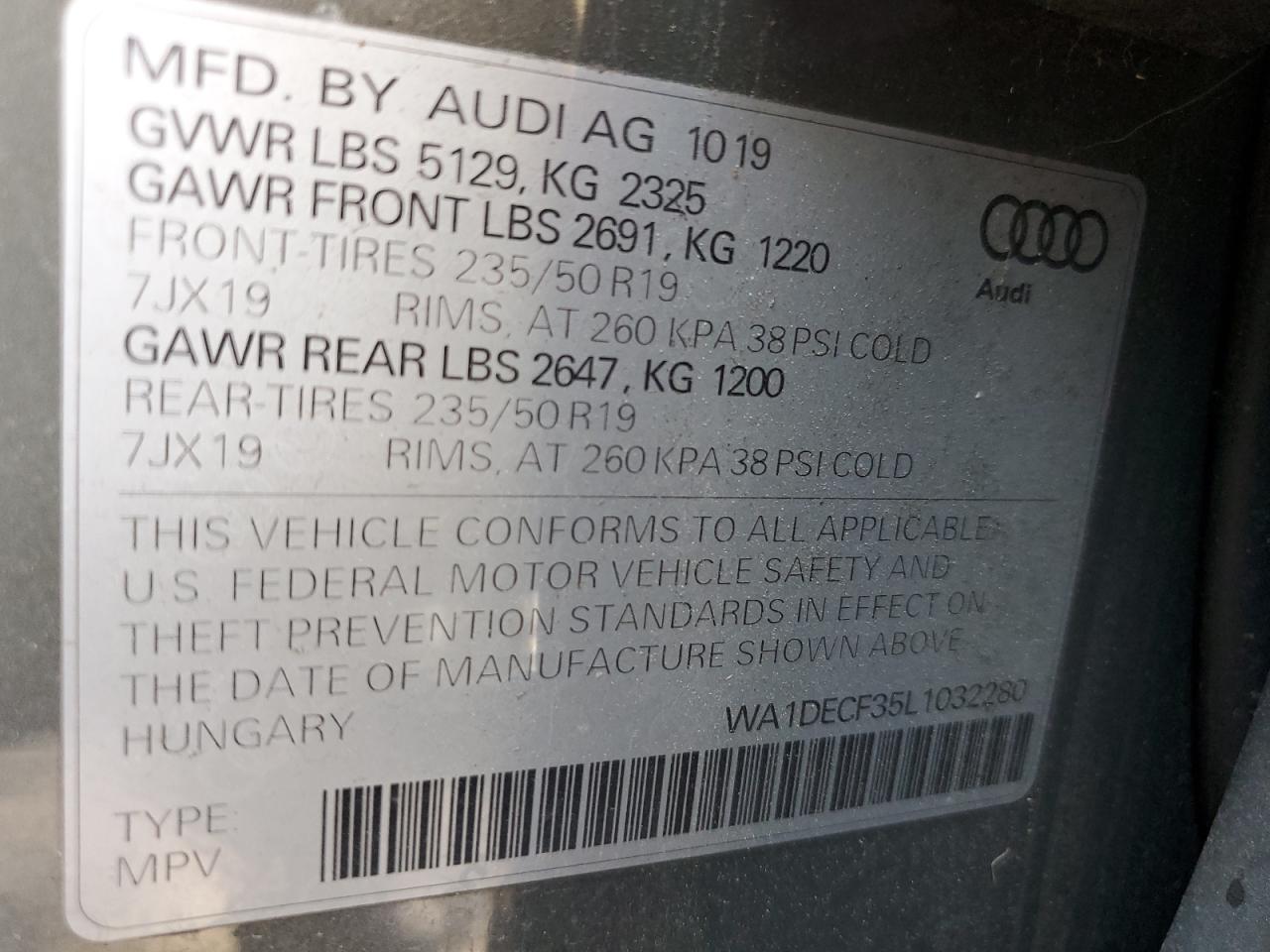 2020 Audi Q3 Premium S Line VIN: WA1DECF35L1032280 Lot: 58786915