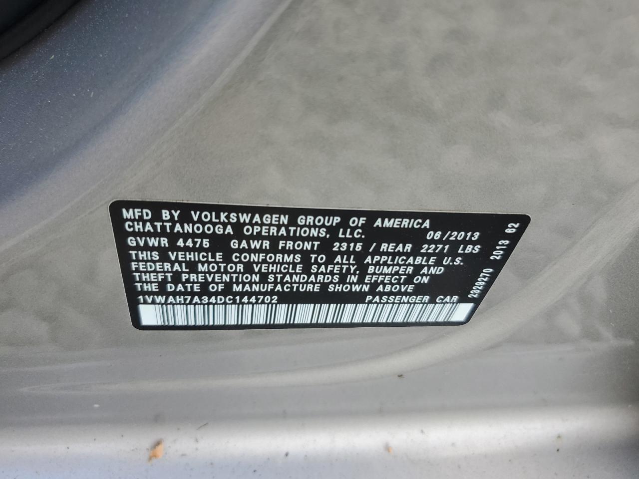 2013 Volkswagen Passat S VIN: 1VWAH7A34DC144702 Lot: 55586315