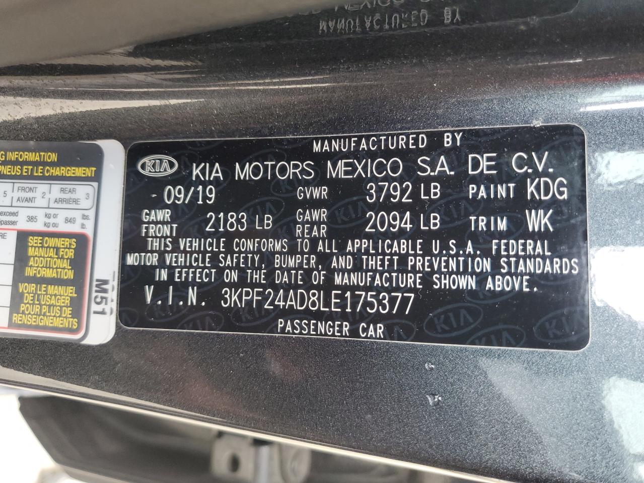 2020 Kia Forte Fe VIN: 3KPF24AD8LE175377 Lot: 56947645