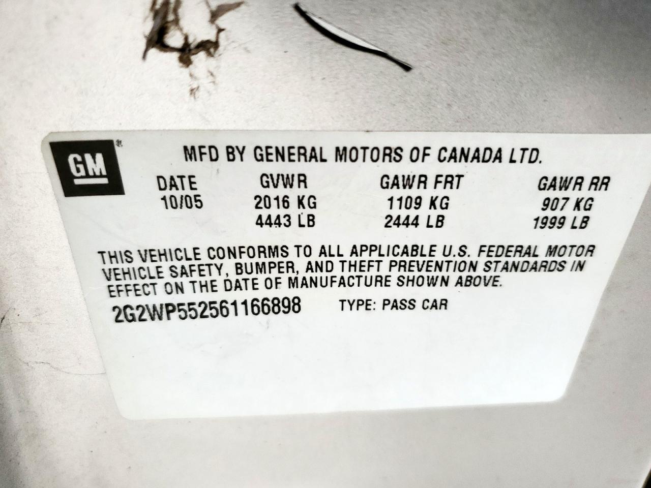 2006 Pontiac Grand Prix VIN: 2G2WP552X61116689 Lot: 58028495