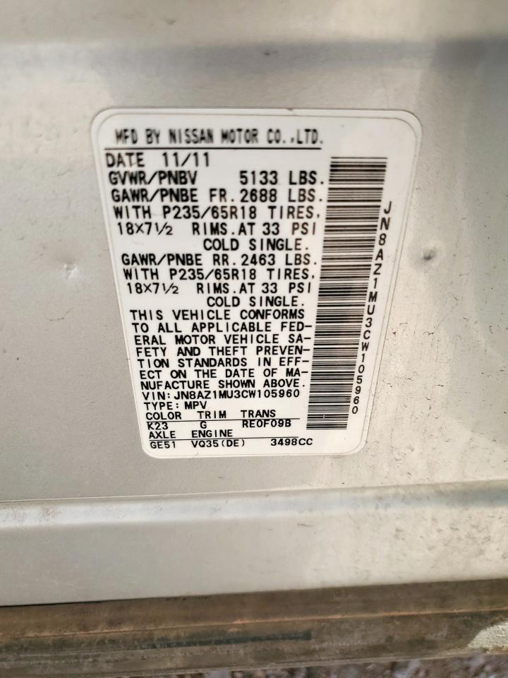 2012 Nissan Murano S VIN: JN8AZ1MU3CW105960 Lot: 56672295