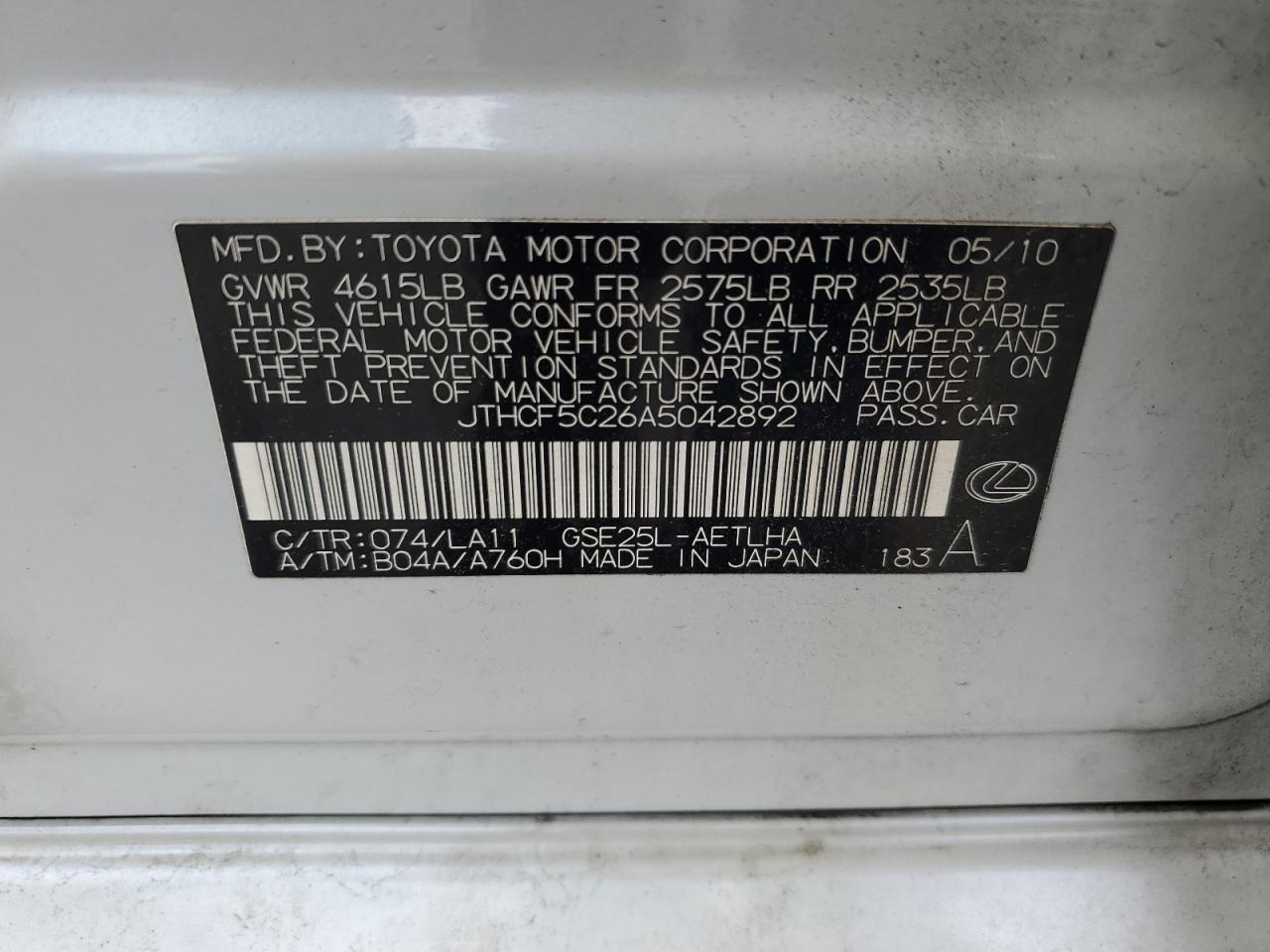2010 Lexus Is 250 VIN: JTHCF5C26A5042892 Lot: 56576785