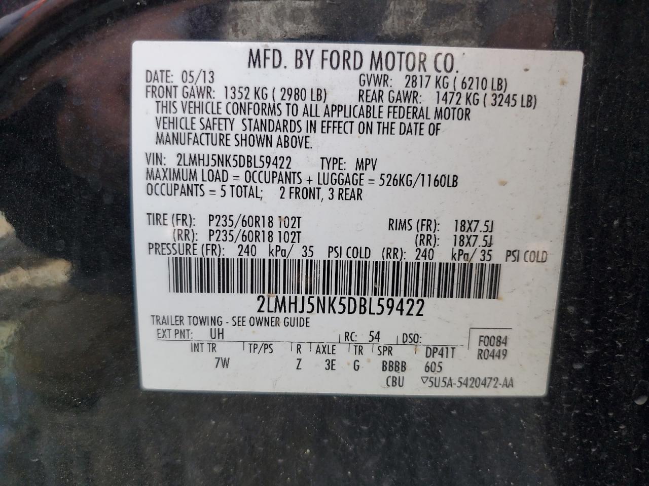 2013 Lincoln Mkt VIN: 2LMHJ5NK5DBL59422 Lot: 56723325