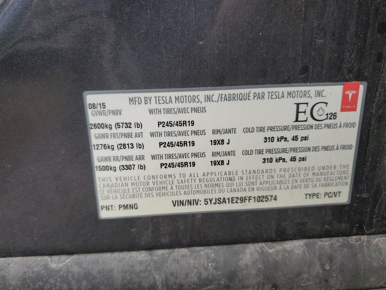 2015 Tesla Model S VIN: 5YJSA1E29FF102574 Lot: 56941115