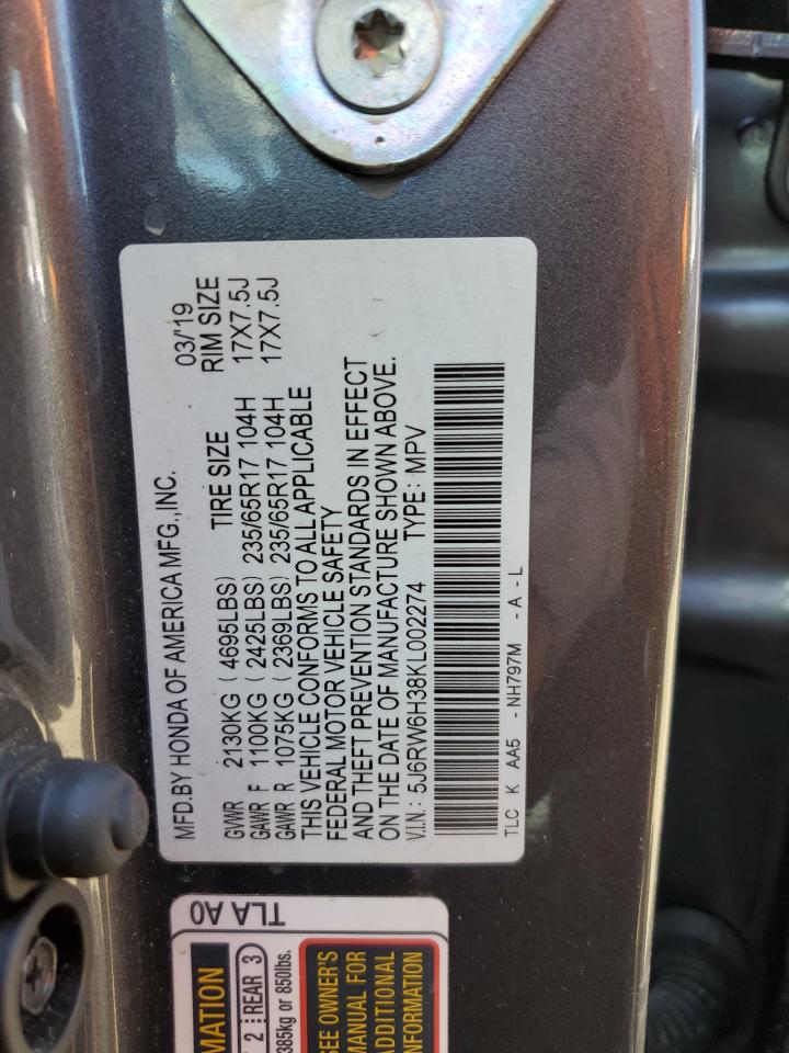2019 Honda Cr-V Lx VIN: 5J6RW6H38KL002274 Lot: 57726565