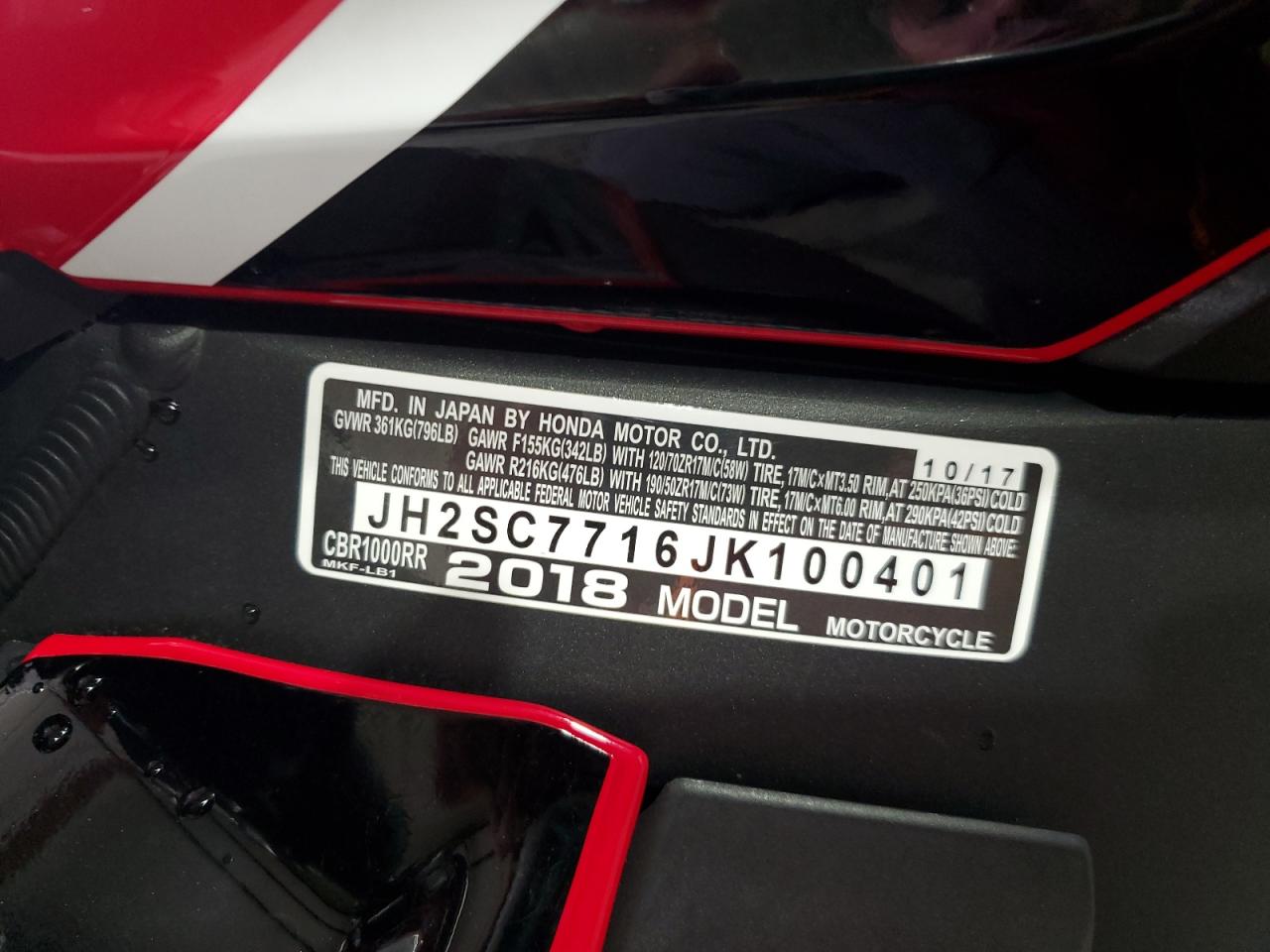 2018 Honda Cbr1000 Rr VIN: JH2SC7716JK100401 Lot: 58487235