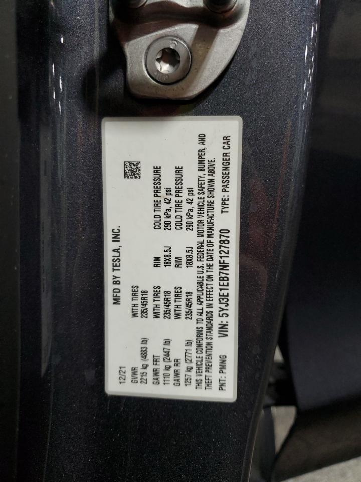 2022 Tesla Model 3 VIN: 5YJ3E1EB7NF127870 Lot: 57085635