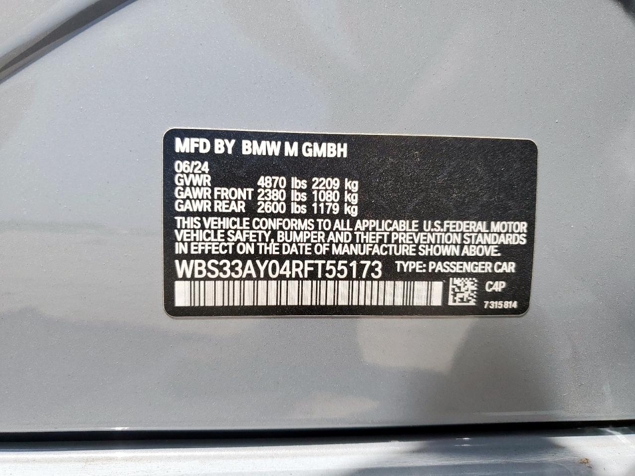2024 BMW M3 Competition VIN: WBS33AY04RFT55173 Lot: 56752765