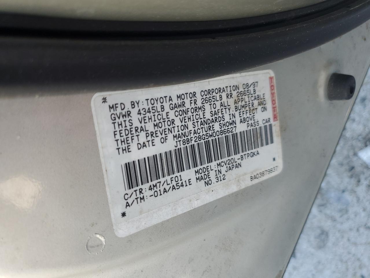 1998 Lexus Es 300 VIN: JT8BF28G5W0086627 Lot: 56021985