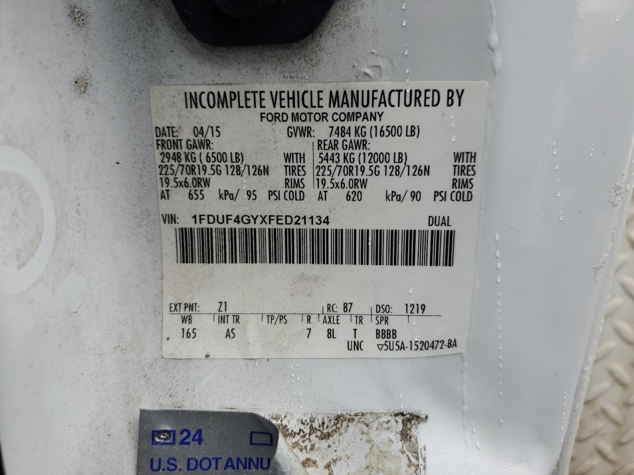 2015 Ford F450 Super Duty VIN: 1FDUF4GYXFED21134 Lot: 58797985