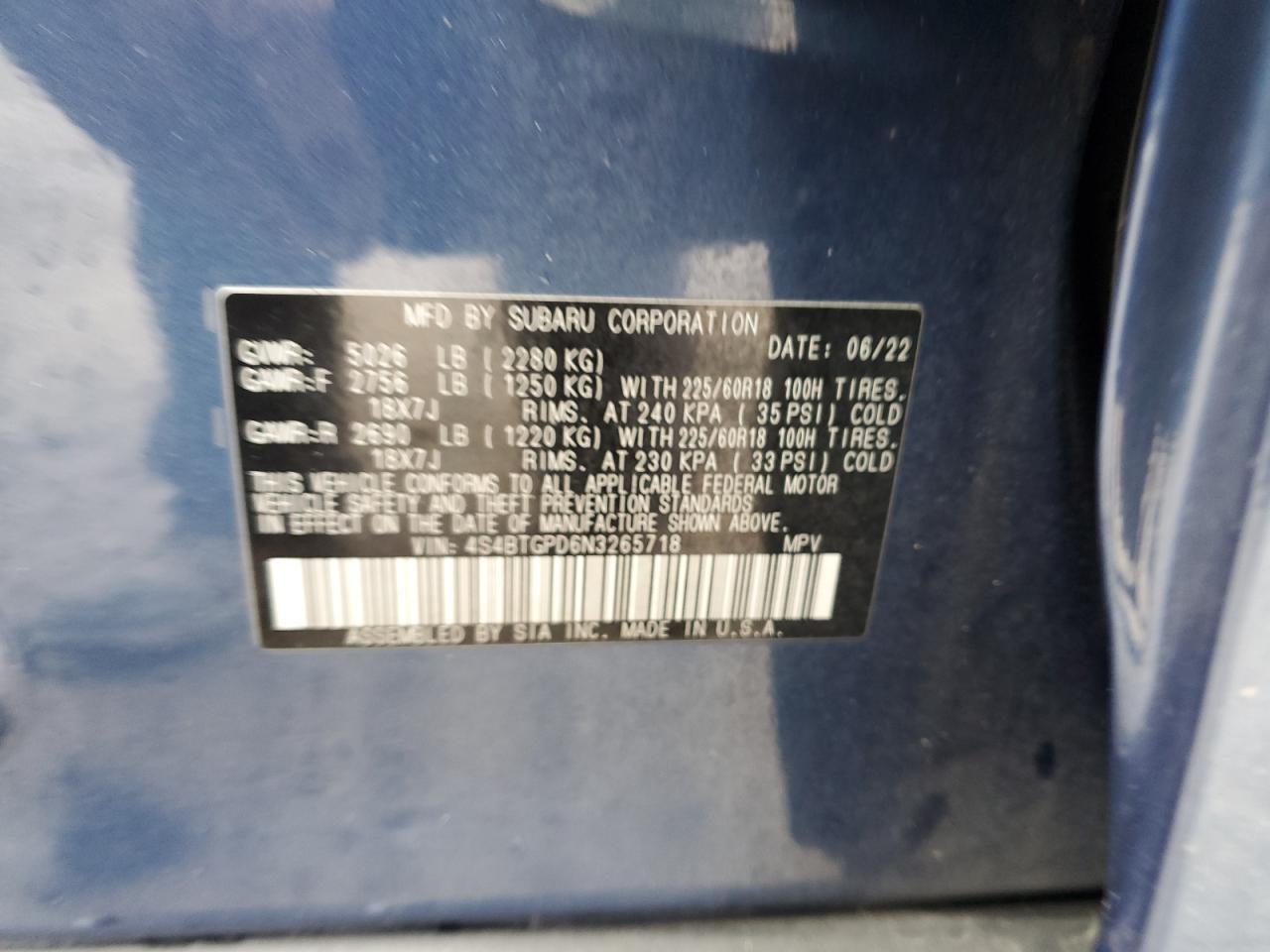 2022 Subaru Outback Touring VIN: 4S4BTGPD6N3265718 Lot: 55564565