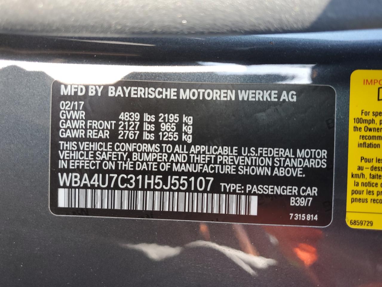 2017 BMW 430I VIN: WBA4U7C31H5J55107 Lot: 59233895