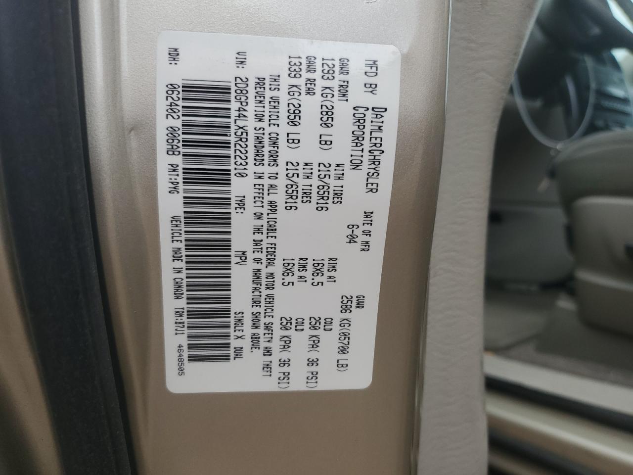 2005 Dodge Grand Caravan Sxt VIN: 2D8GP44LX5R222310 Lot: 56991635
