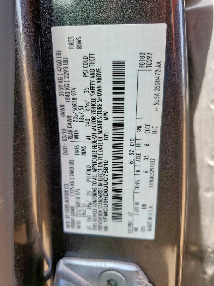 2018 Ford Escape Sel VIN: 1FMCU9HD0JUC75810 Lot: 54811695