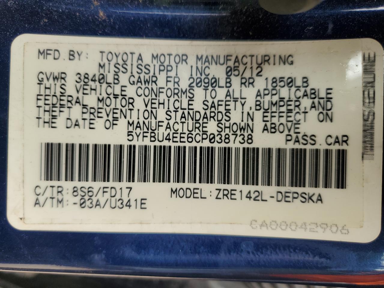 2012 Toyota Corolla Base VIN: 5YFBU4EE6CP038738 Lot: 58990665
