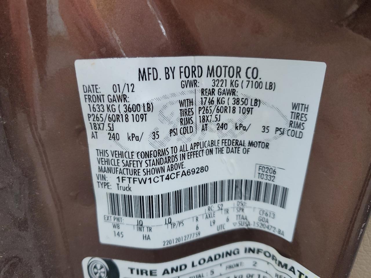 2012 Ford F150 Supercrew VIN: 1FTFW1CT4CFA69280 Lot: 56024495