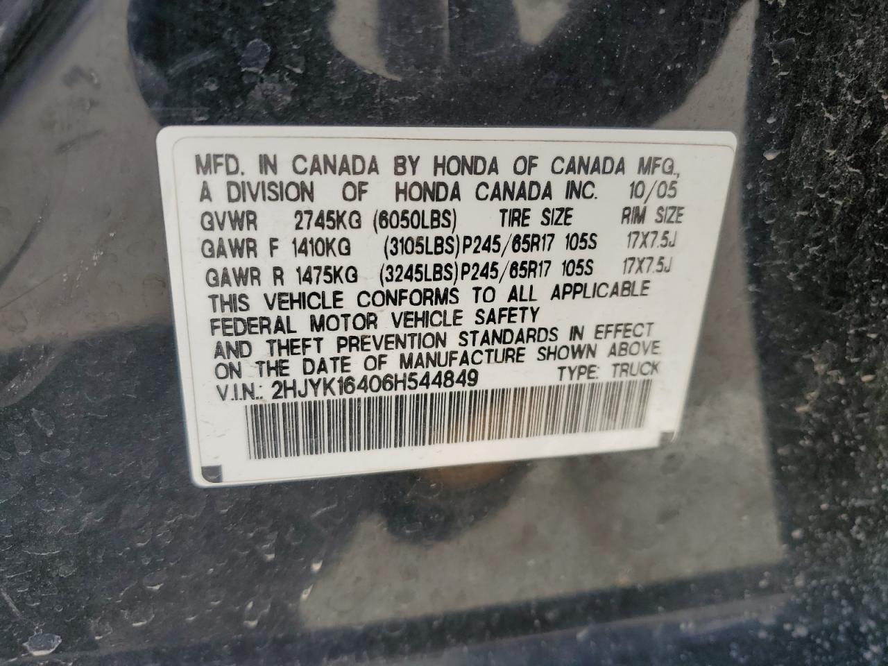 2006 Honda Ridgeline Rts VIN: 2HJYK16406H544849 Lot: 56016105
