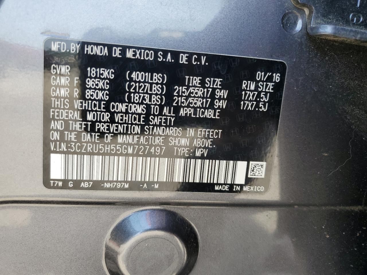 2016 Honda Hr-V Ex VIN: 3CZRU5H55GM727497 Lot: 57289805