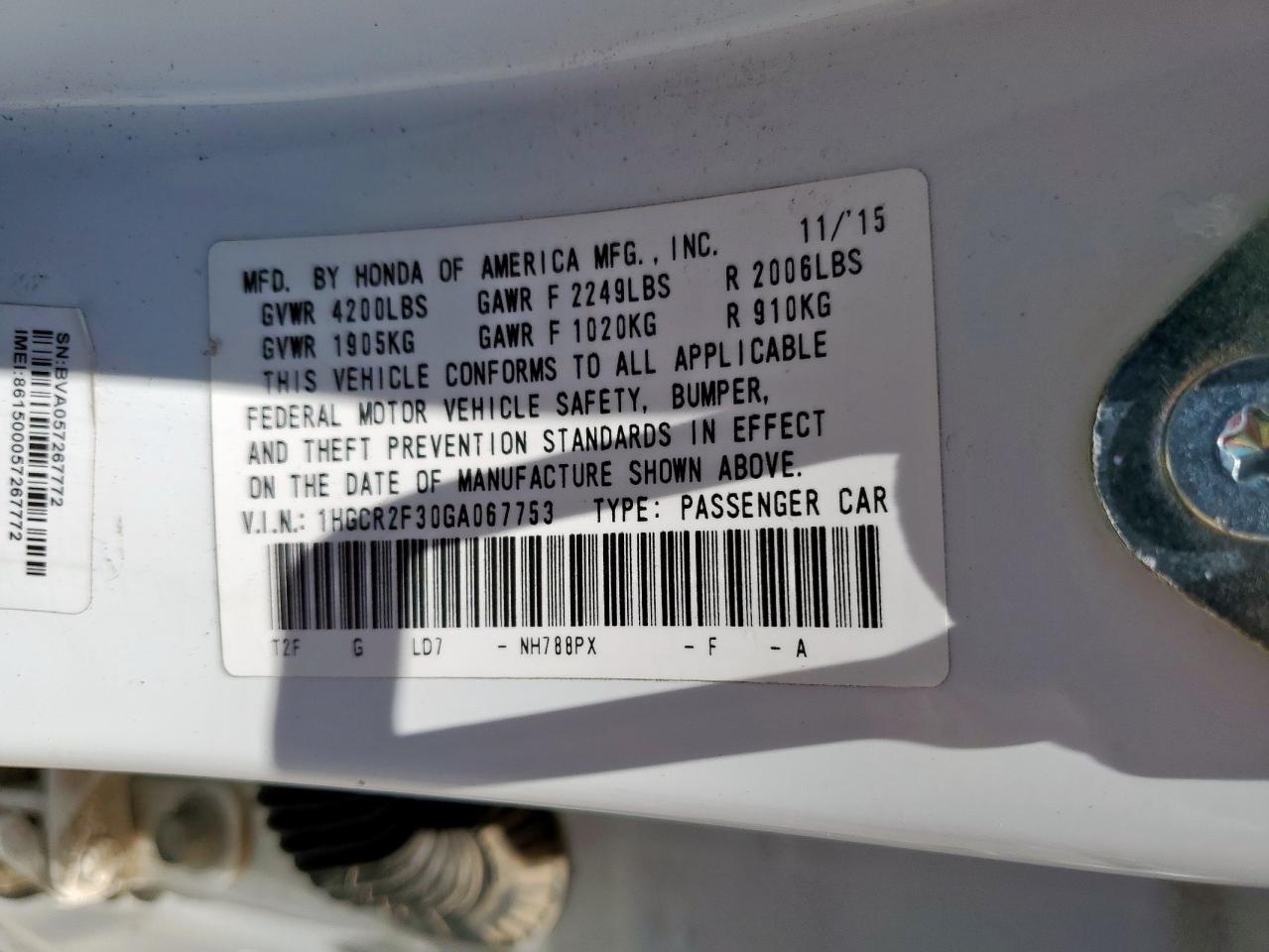 2016 Honda Accord Lx VIN: 1HGCR2F30GA067753 Lot: 56947975