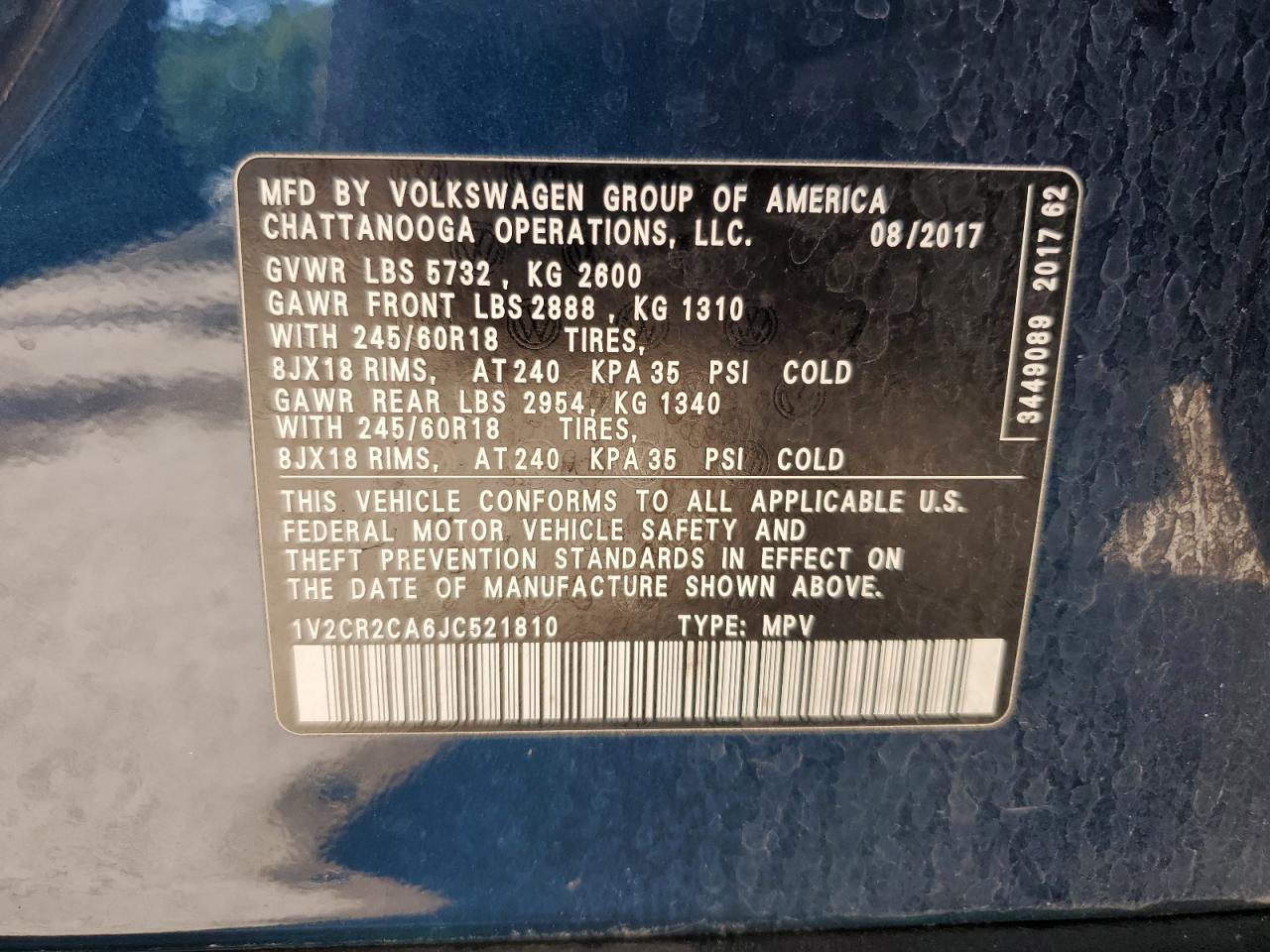 2018 Volkswagen Atlas Se VIN: 1V2CR2CA6JC521810 Lot: 55781225