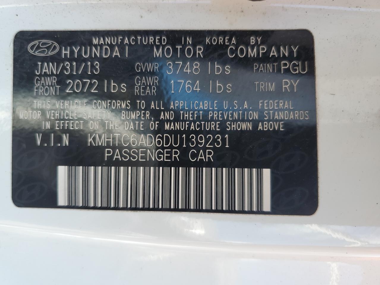 2013 Hyundai Veloster VIN: KMHTC6AD6DU139231 Lot: 56619615