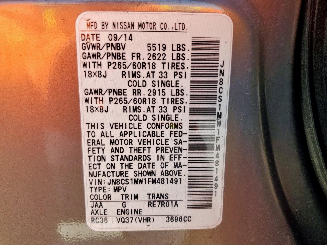 2015 Infiniti Qx70 VIN: JN8CS1MW1FM481491 Lot: 58841045