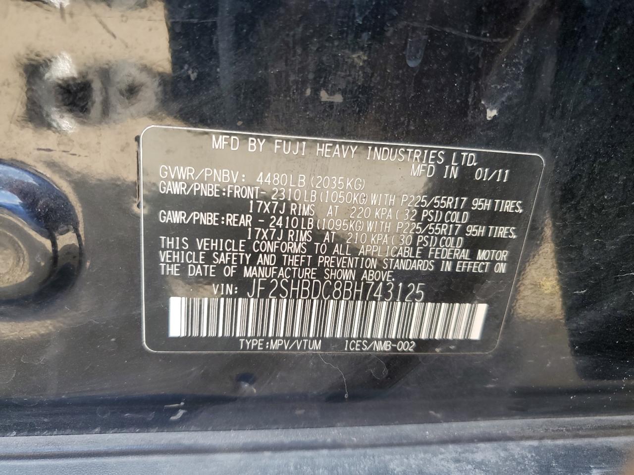 2011 Subaru Forester 2.5X Premium VIN: JF2SHBDC8BH743125 Lot: 57084375