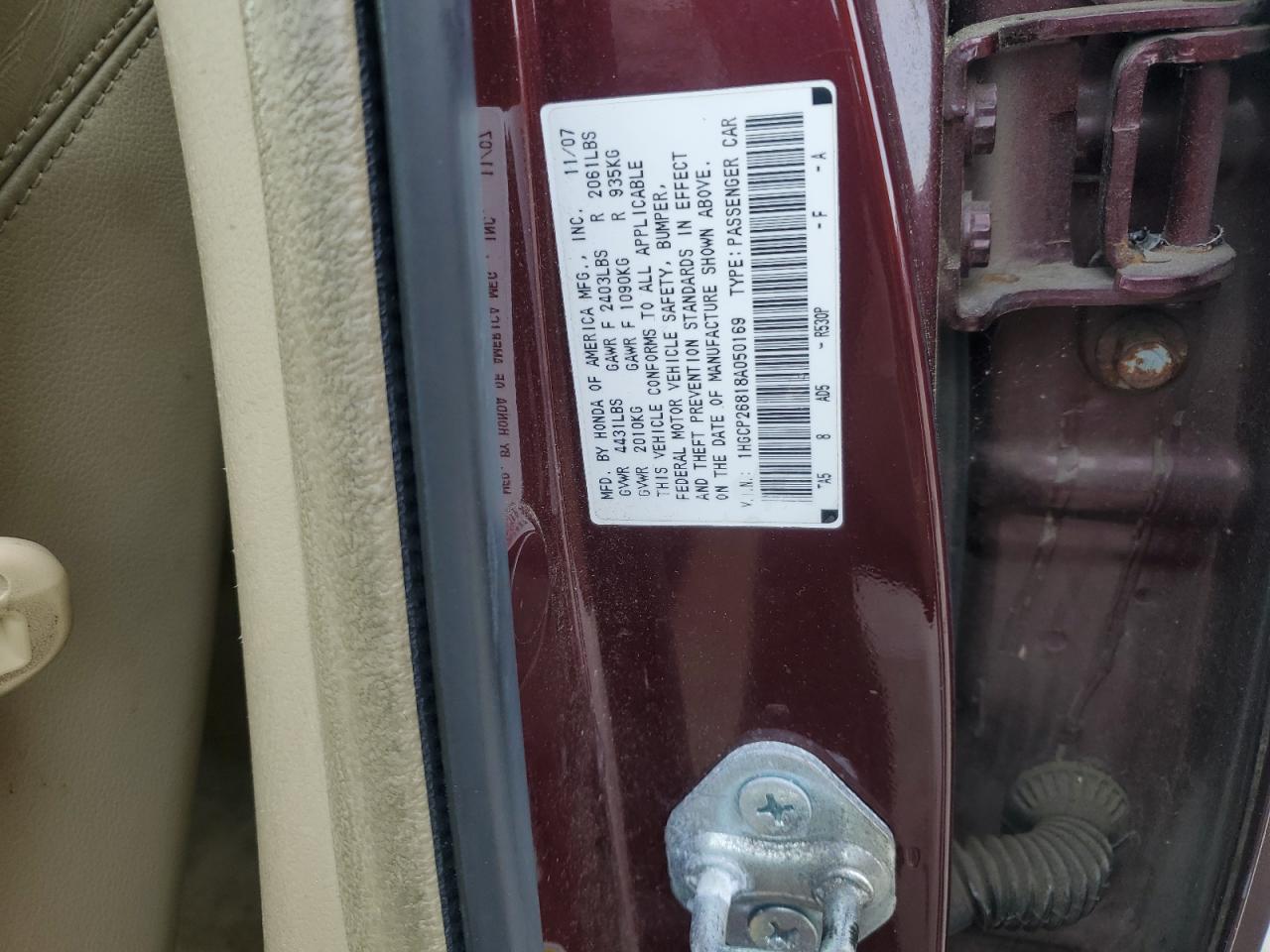 2008 Honda Accord Exl VIN: 1HGCP26818A050169 Lot: 56763865