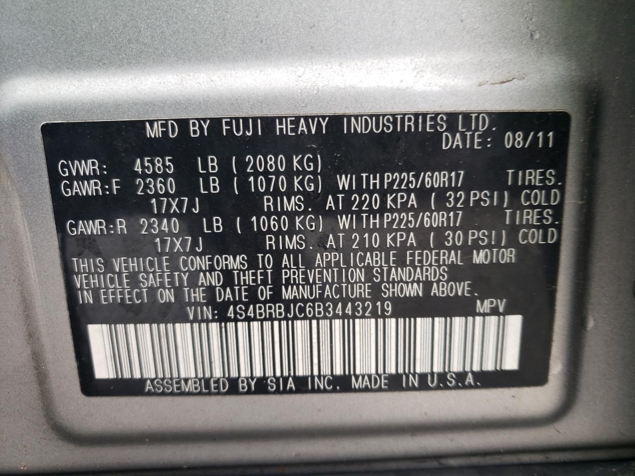 2011 Subaru Outback 2.5I Limited VIN: 4S4BRBJC6B3443219 Lot: 53818175