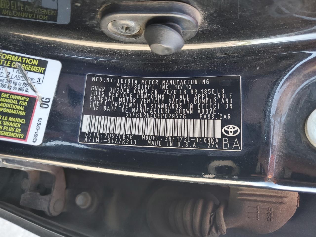 2014 Toyota Corolla L VIN: 5YFBURHE0EP029576 Lot: 56356975